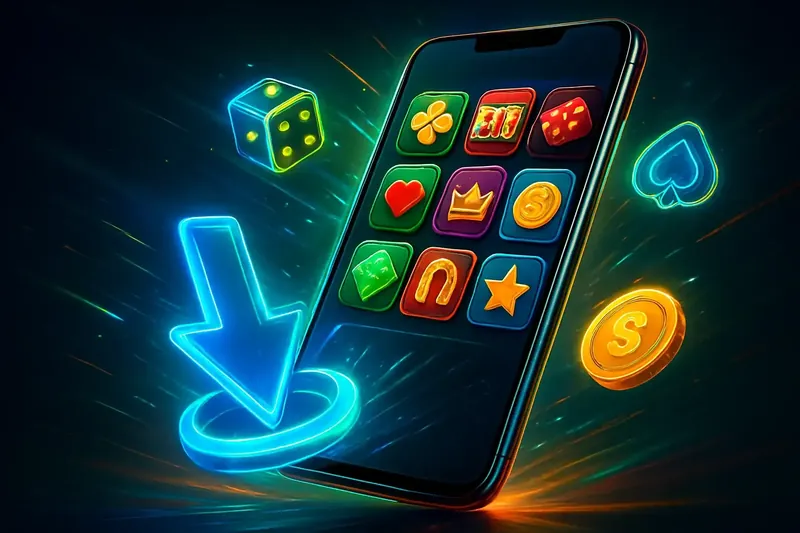 Glossy smartphone casino app banner with neon download effects
