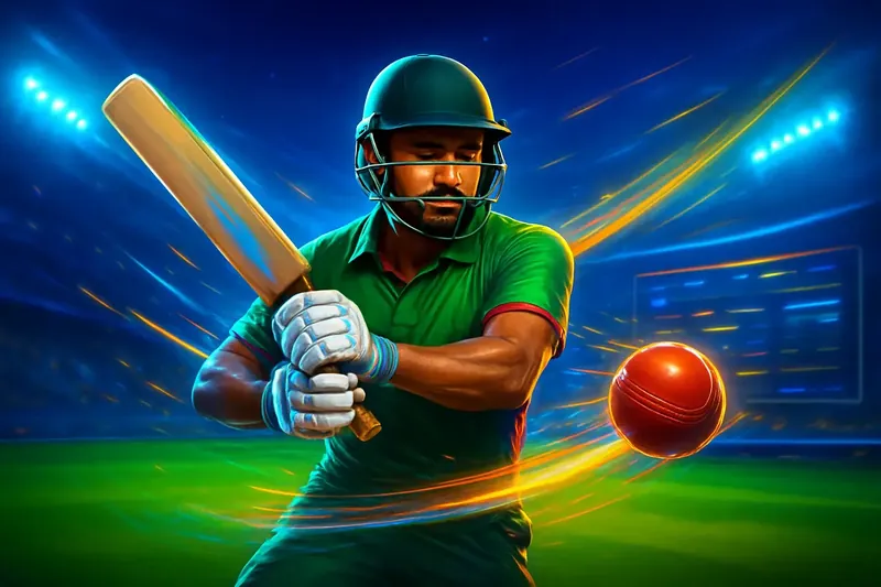 Cricket batter striking ball under stadium lights in dynamic sportsbook banner