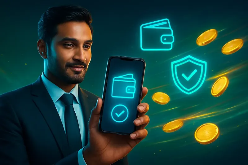 Hand holding smartphone with secure mobile wallet and casino payment glow