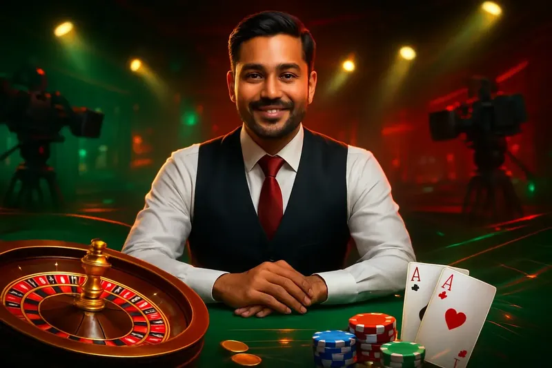Friendly professional live dealer with roulette, cards, chips, and studio lights