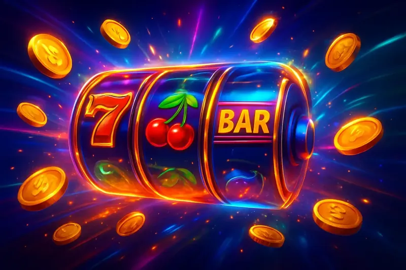 Colorful spinning slot machine with coins, sparkles, and neon casino glow